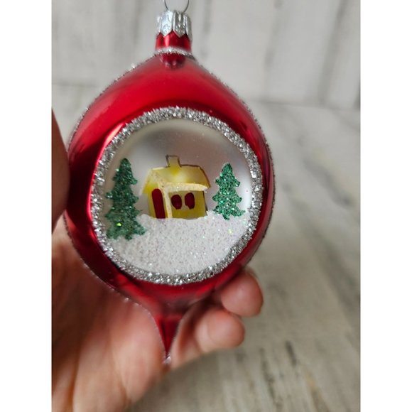 Vintage radko country scene reflector teardrop red glitter ornament Xmas indent - Picture 5 of 9
